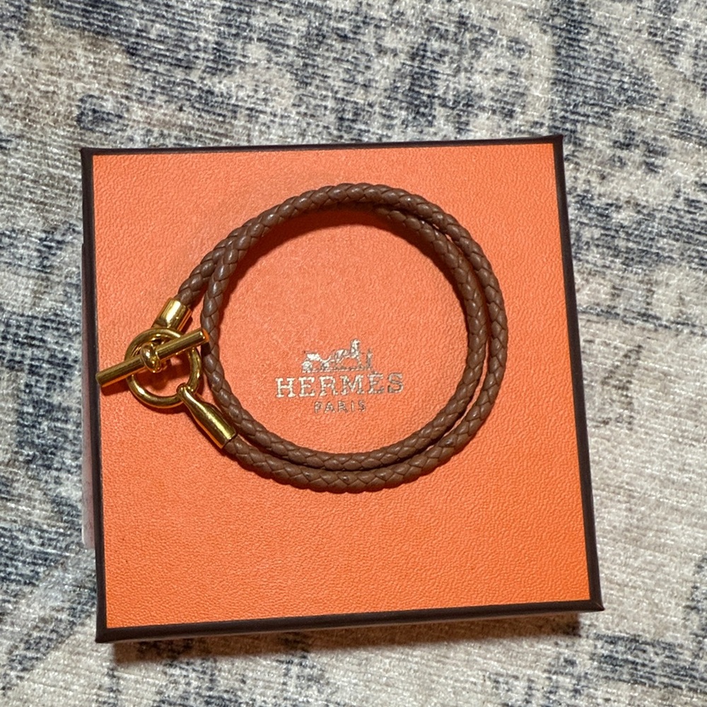 Hermes Brown Braided Double-Wrap Bracelet with Gold Hardware
